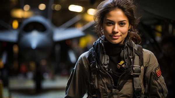 Mixed-race female fighter pilot soldier standing outside her military fighter jet