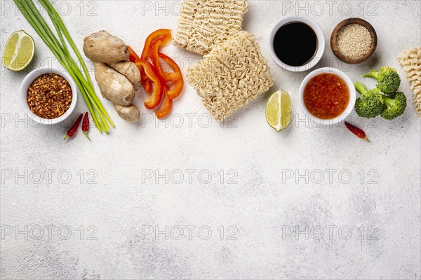 Flat lay noodles spices mix with copy space