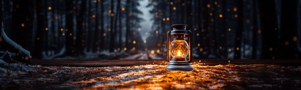 Warm and inviting lit vintage lantern resting on wood planks base outdoors in a winter setting. generative AI