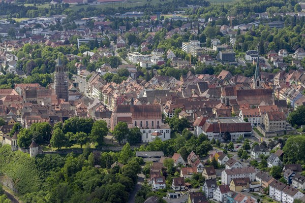 Panorama of the old town of Rottweil photographed from the top of the TK lift test tower of Thyssenkrupp 242m built 2017