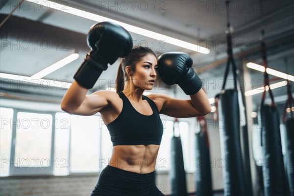 Close-up of a well-trained young female boxer training