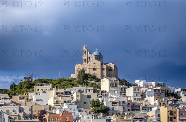 View of the town of Ermoupoli with pastel-coloured houses