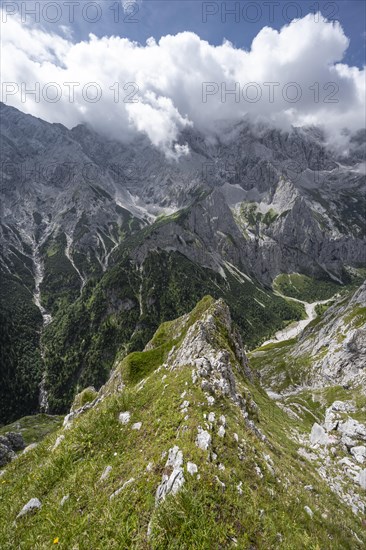 View into the Hoellental on cloudy rocky mountain landscape with Jubilaeumsgrat