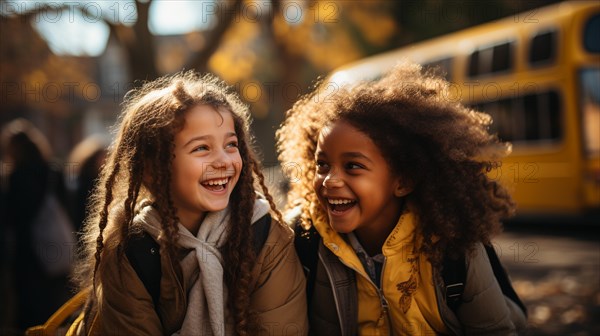 Two young student girlfriends wearing backpacks laughing near the school bus