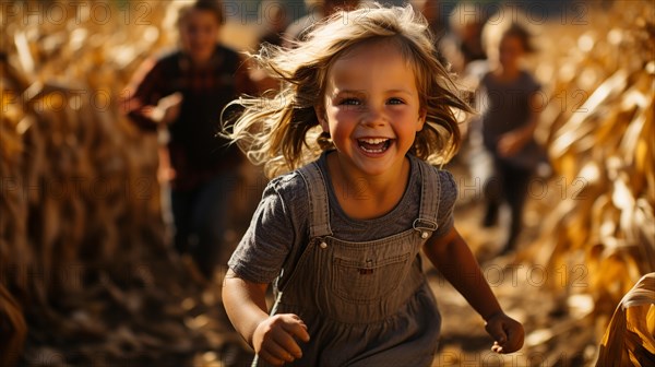 Happy laughing children running amist the corn fields on a fall day