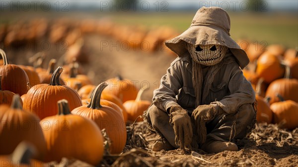 Spooky halloween scarecrow figure amidst the pumpkins in the field