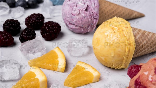 Close up tasty ice cream cones table