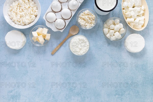 Flat lay eggs cheese arrangement