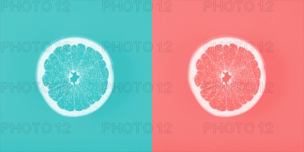 Contrast blue coral backdrop with grapefruit slice