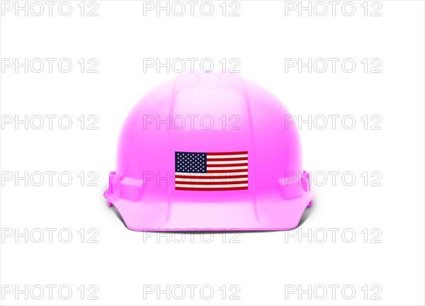 Pink hardhat with an american flag decal on the front isolated on white background