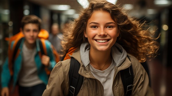 Happy and excited teenaged students walking down the hallway of their school