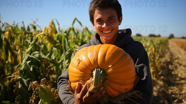 Smiling young man on the farm holding a large ripe pumpkin