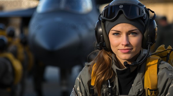 Female fighter pilot soldier standing outside her fighter jet