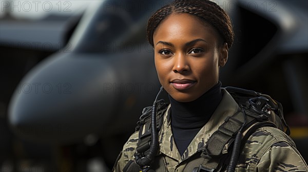 Female african american fighter pilot soldier stands outside her fighter jet