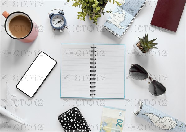 Tourism items arrangement flat lay