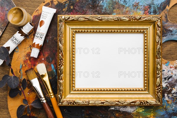 Empty canvas golden frame paint