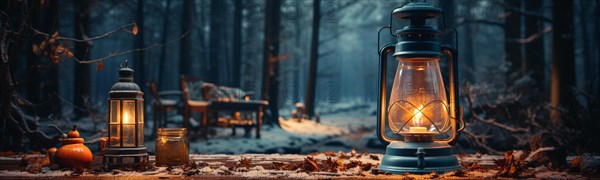 Warm and inviting lit vintage lantern resting on wood planks base outdoors in a winter setting. generative AI