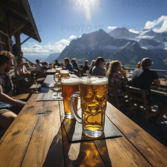 Beer and snacks in an alpine hut in the mountains