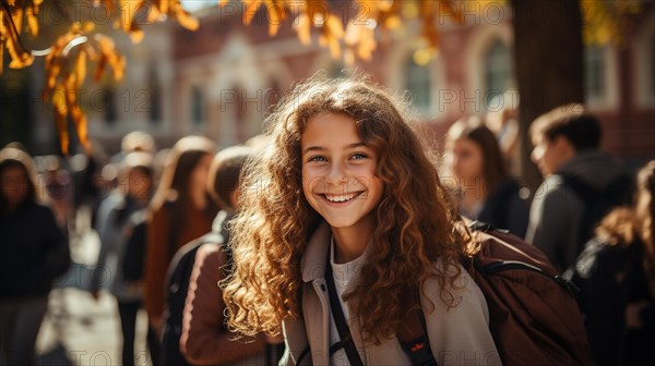 Smiling young girl walking to school with other students on a fall day