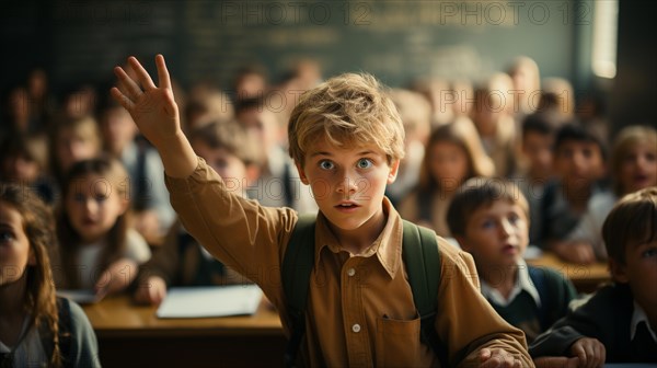 Young boy student raising his hand in the classroom setting