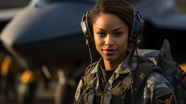 Female african american fighter pilot soldier stands outside her fighter jet