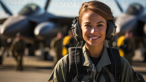 Mixed-race female fighter pilot soldier standing outside her military fighter jet