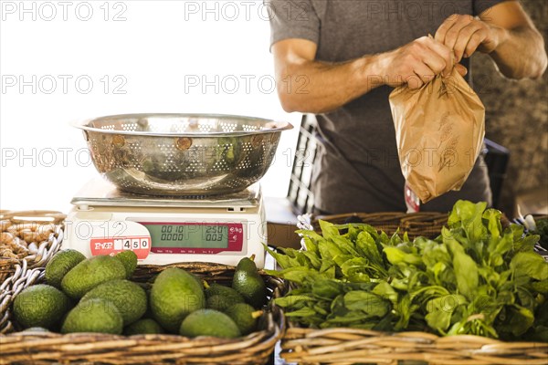 Male vegetable seller packing vegetable customer market