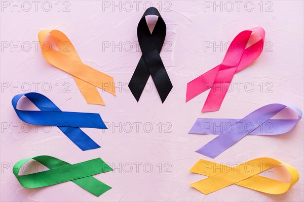 Various colorful awareness ribbon pink background