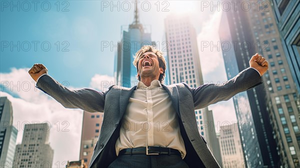 Excited businessman celebrates with his fists in the air with the city in the background