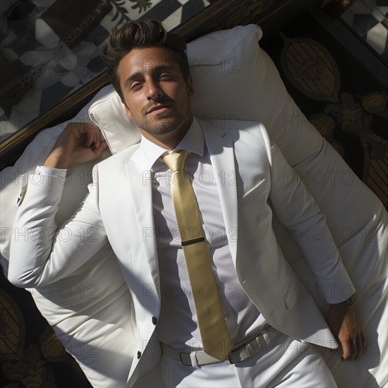 A businessman lies contentedly with his arms outstretched on a bed