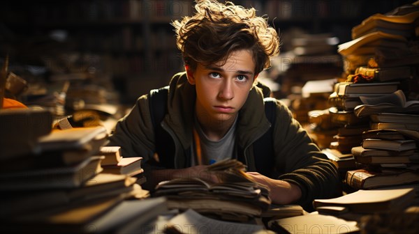 Young boy student sitting stunned and overwhelmed amidst a never ending pile of books and papers surrounding him