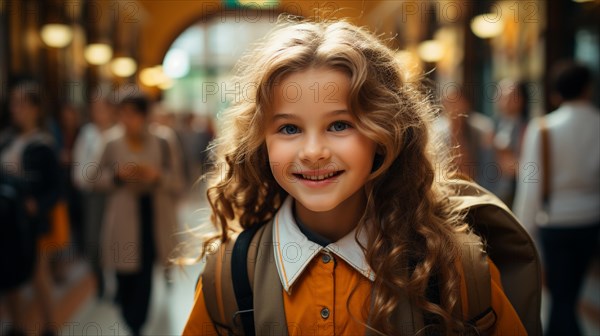 Cute young school girl walking down the hallway of her school