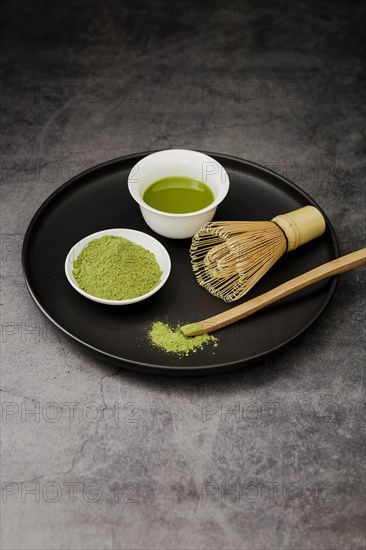 Matcha tea cup bamboo whisk plate