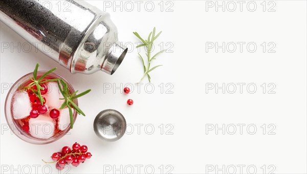Top view cranberry vodka shaker with copy space