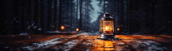 Warm and inviting lit vintage lantern resting on wood planks base outdoors in a winter setting. generative AI