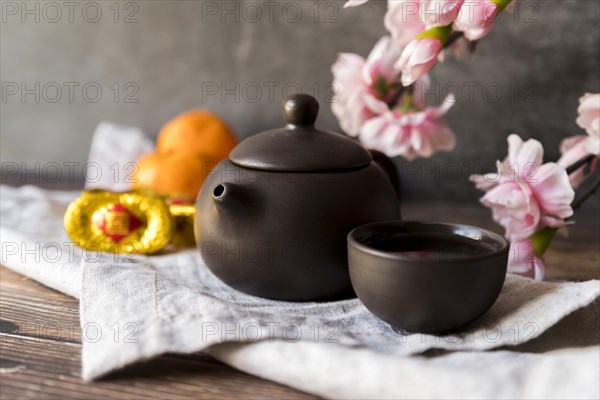 Floral chinese new year decoration with tea