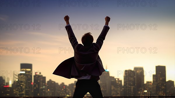 Excited businessman celebrates with his fists in the air with the city in the background