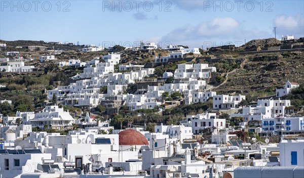 View over Mykonos town with white Cycladic houses