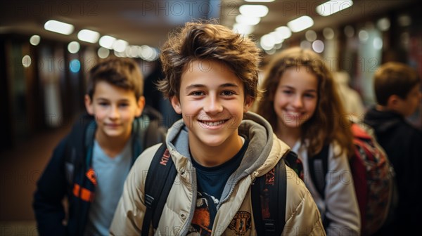 Happy and excited teenaged students walking down the hallway of their school