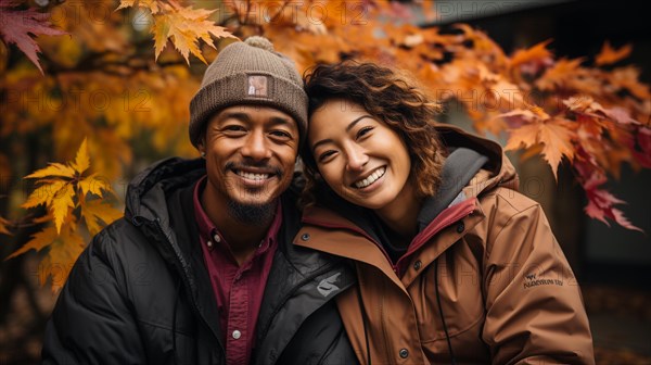 Happy warmly dressed young loving asian couple smile as they enjoy the beautiful fall leaves in the park