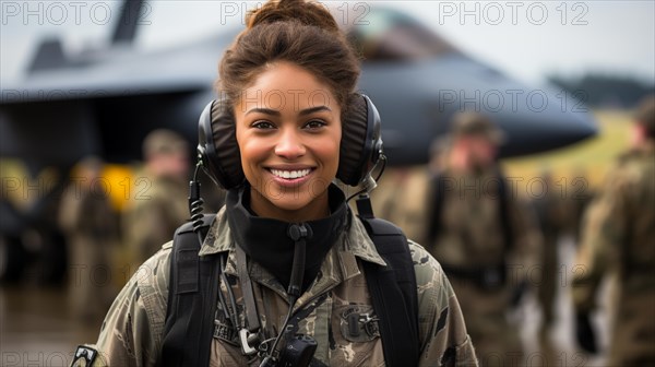 Female african american fighter pilot soldier stands outside her fighter jet