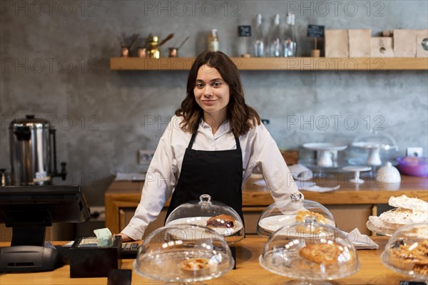 Front view woman apron coffee shop