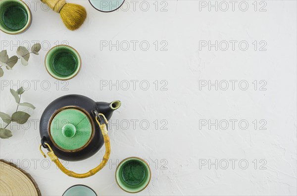 Set asian herbal tea with tea brush isolated white background