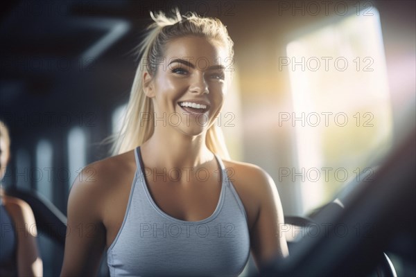 Close-up of a smiling and motivated young blonde woman at the ergometer in the gym