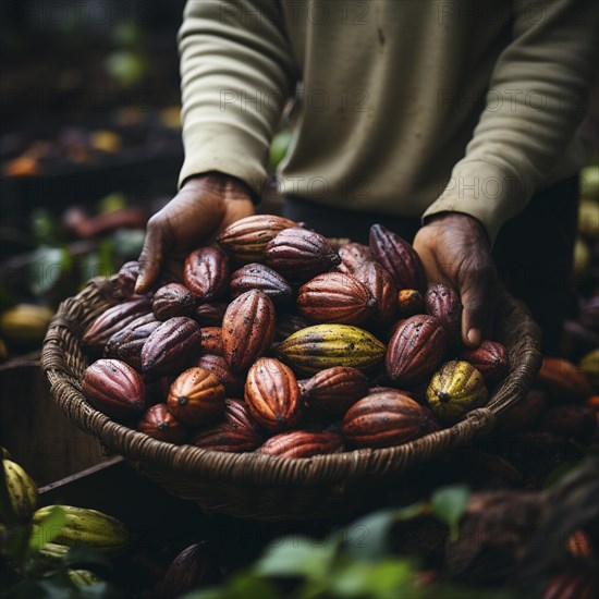 A farmer harvests fresh chocolate in a plantation