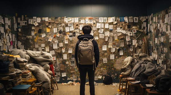 Young boy student standing bewildered in front of packed homework task board in classroom