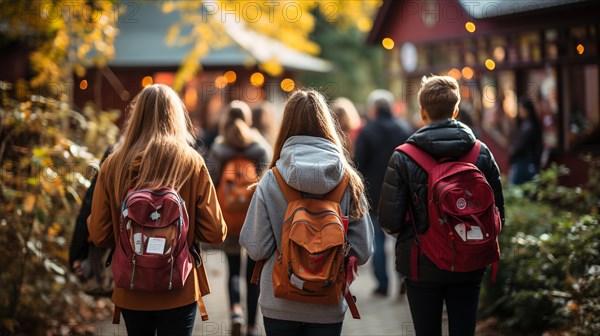 Young children wearing backpacks walking to school on a beautiful fall morning