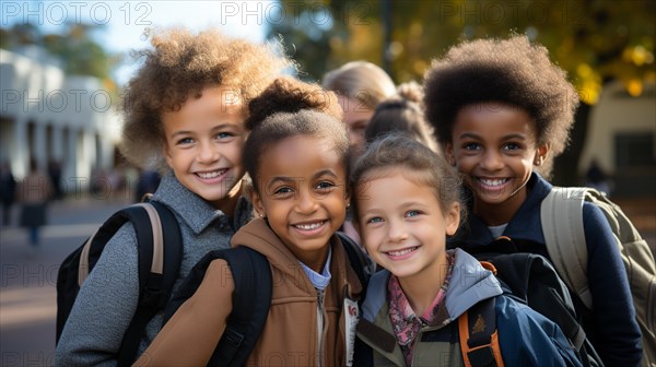 Happy and excited multi-ethnic young children students walking on the campus of their school