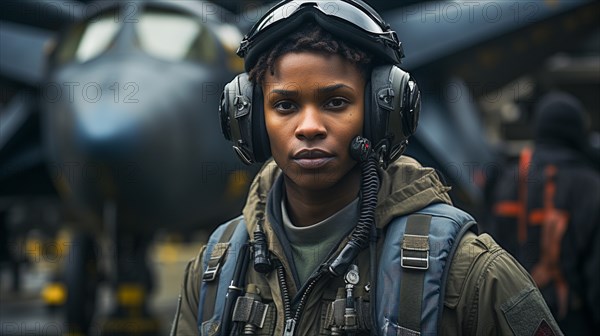 Female african american fighter pilot soldier stands outside her fighter jet