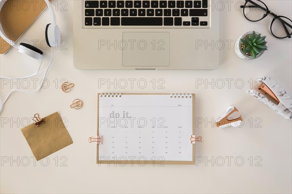 Top view desk calendar various accessories